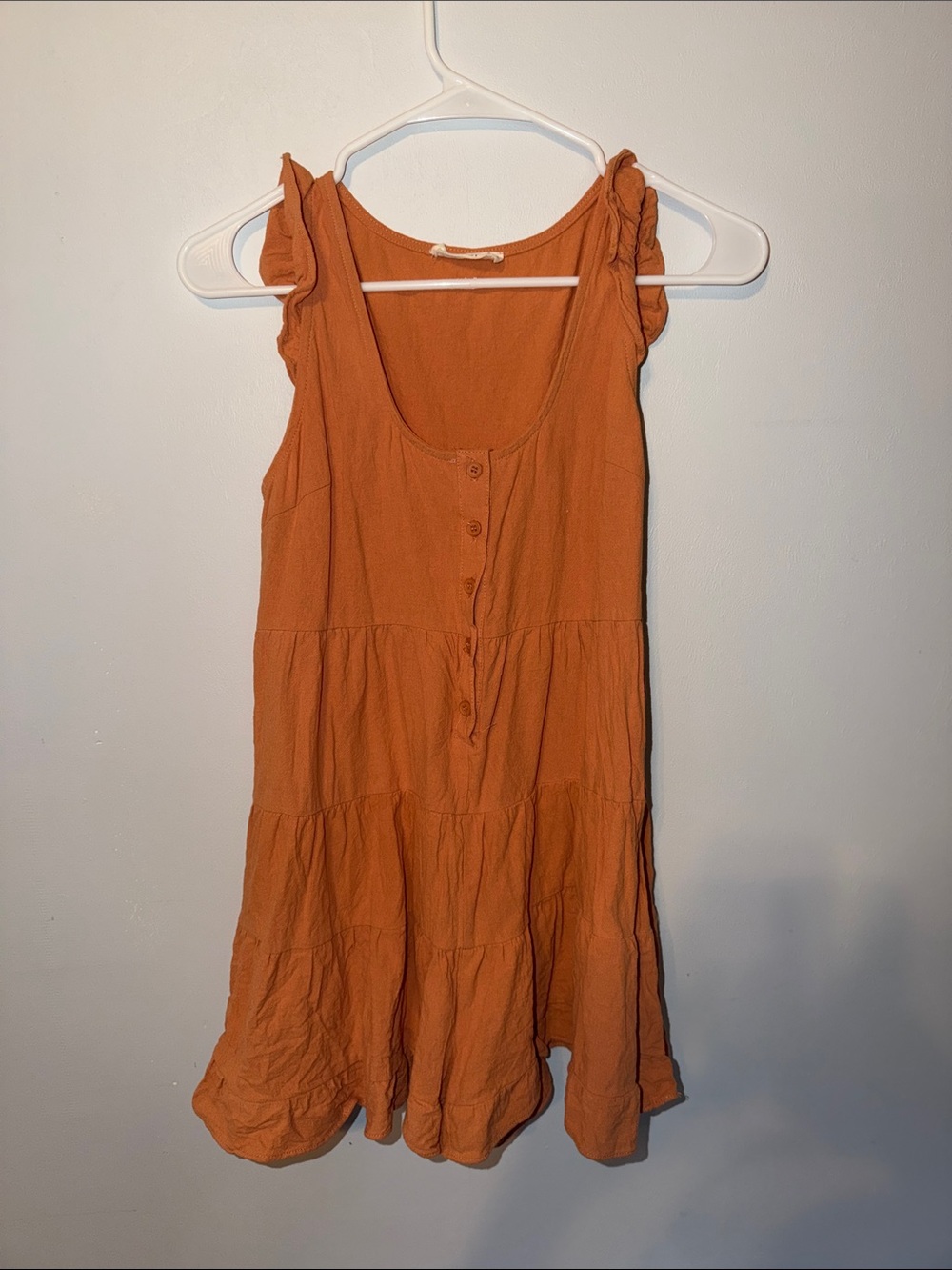 Sleeveless Tiered Button-Front Romper in Rust